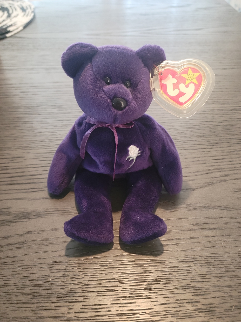 Princess Diana Ty Beanie Baby Purple Bear with White Rose Embroidery